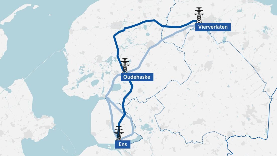 Kaart van het tracé tussen Vierverlaten, Oudehaske en Ens