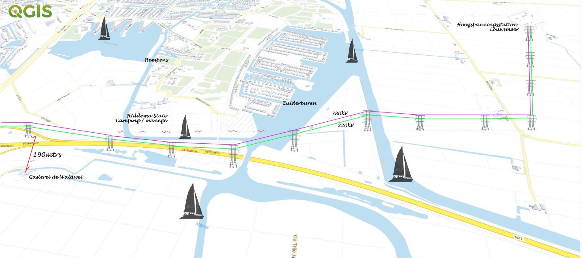 3D-aanzicht van het voorstel met de 380 kV-lijn in paars en de bestaande 220 kV-lijn in groen, richting hoogspanningsstation Louwsmeer