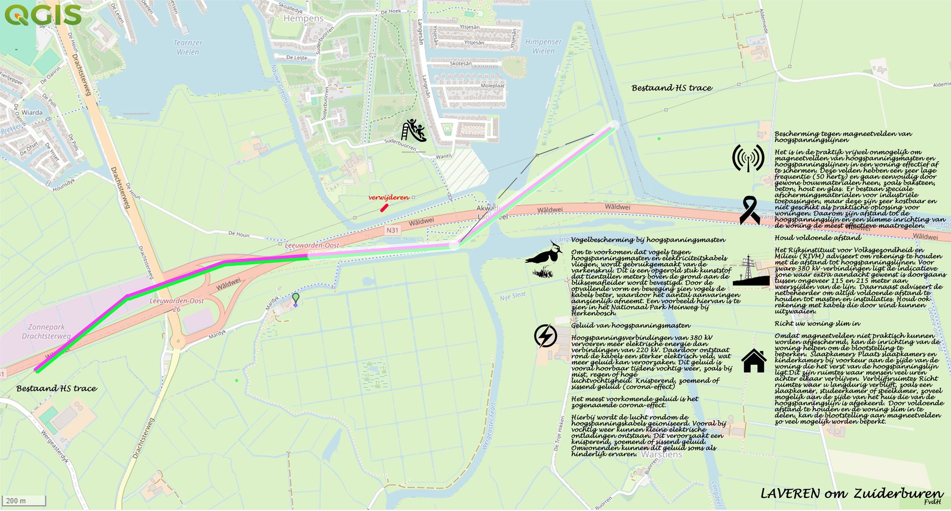 Schetskaart van het bewonersvoorstel Laveren om Zuiderburen met het bestaande tracé en het te verwijderen deel